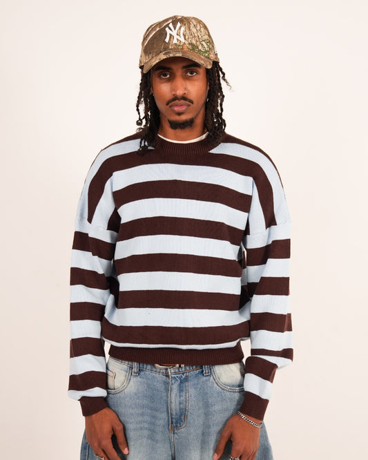 BABY BLUE/BROWN STRIPE KNIT CREW NECK