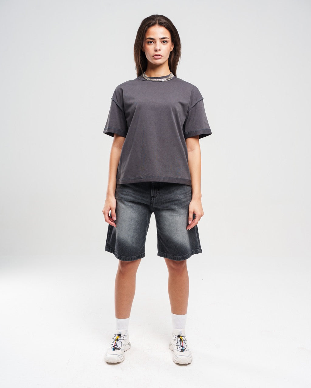 WASHED BLACK DENIM JORTS