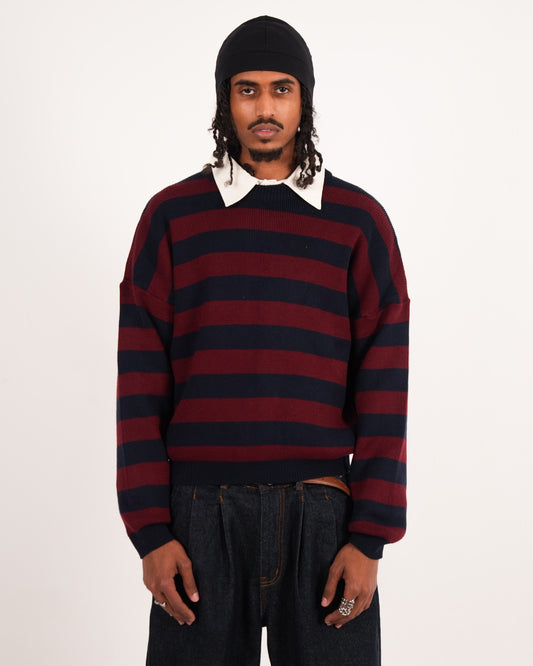 NAVY/BURGUNDY STRIPE KNIT CREW NECK
