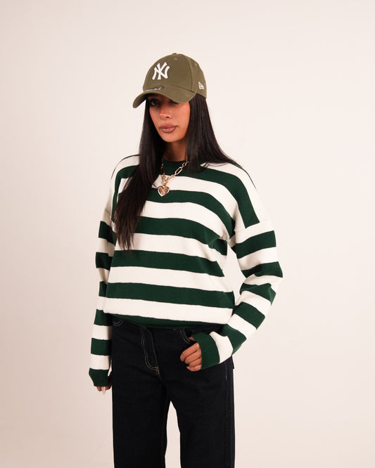 CREAM/OLIVE STRIPE KNIT CREW NECK