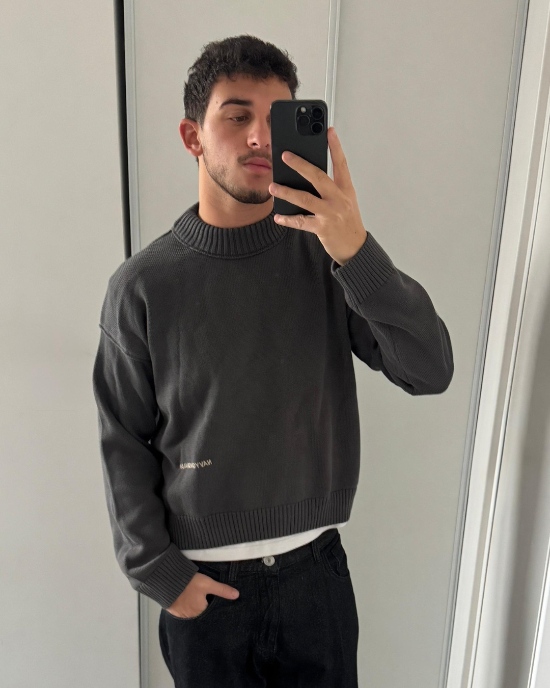 GREY MOCK NECK KNIT SWEATER