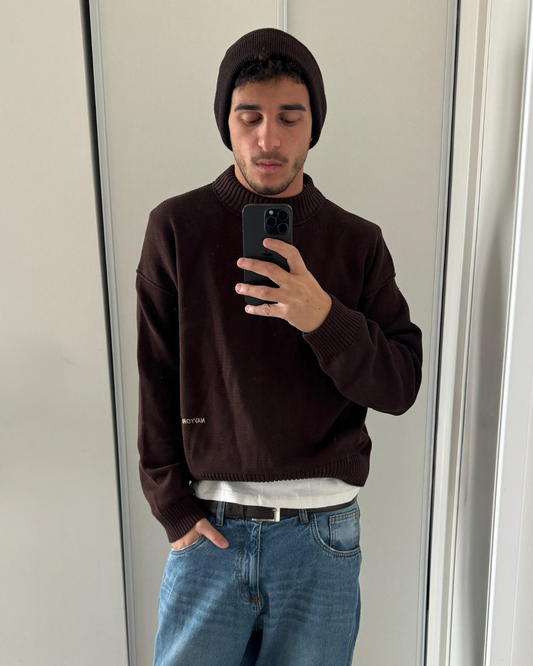BROWN MOCK NECK KNIT SWEATER