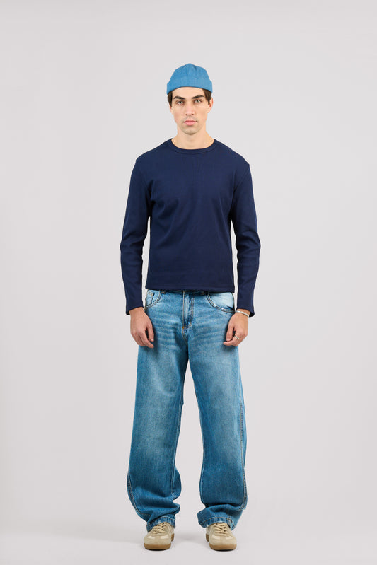 NAVY LONG SLEEVE RIBBED TSHIRT